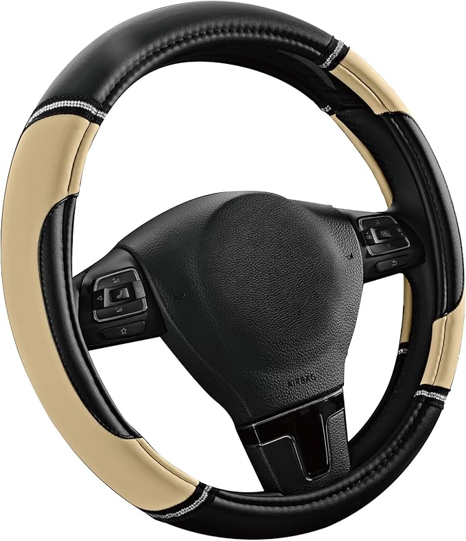 Road Comforts Leather Steering Wheel Cover - Made with PVC Leather - Anti-Slip, Universal Fit 14 1/2 inches to 15 inches - Beige