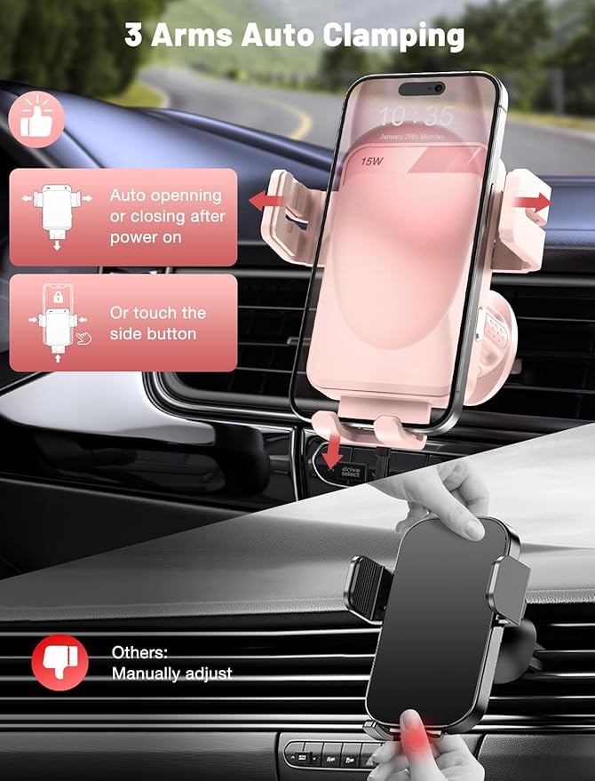 Wireless Car Charger, MOKPR Auto-Clamping Car Mount 15W/10W/7.5W Fast Charging Air Vent Car Phone Mount Compatible with iPhone 15/14/13/13 Pro/12 Pro Max/12 pro/12/11/10 Series, Samsung Galaxy Pink