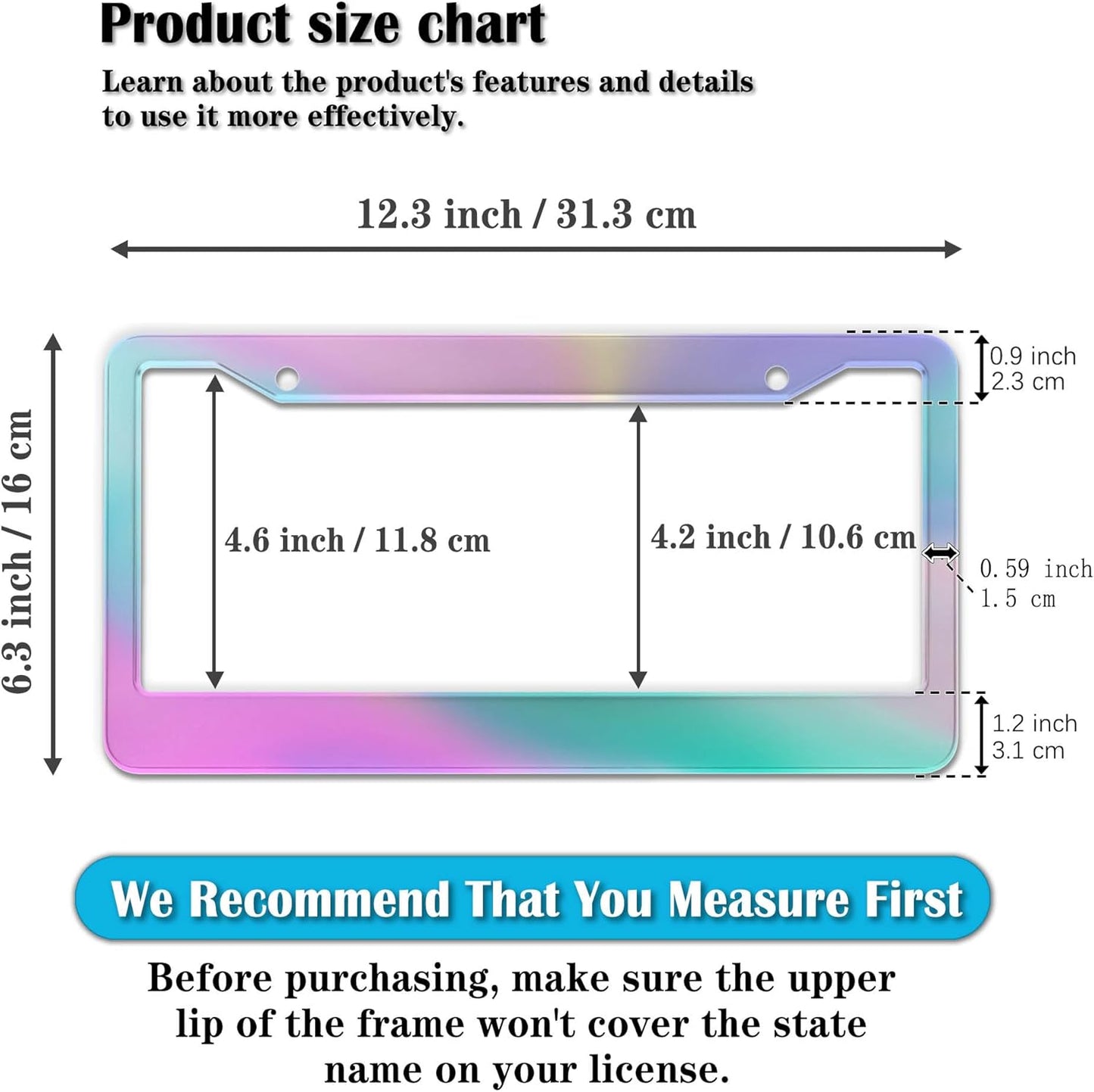 License Plate Frame Holder Rainbow License Plate Frames for Women Iridescent Women Universal Aluminum Car Accessory 2 Pack with Screw Covers Set