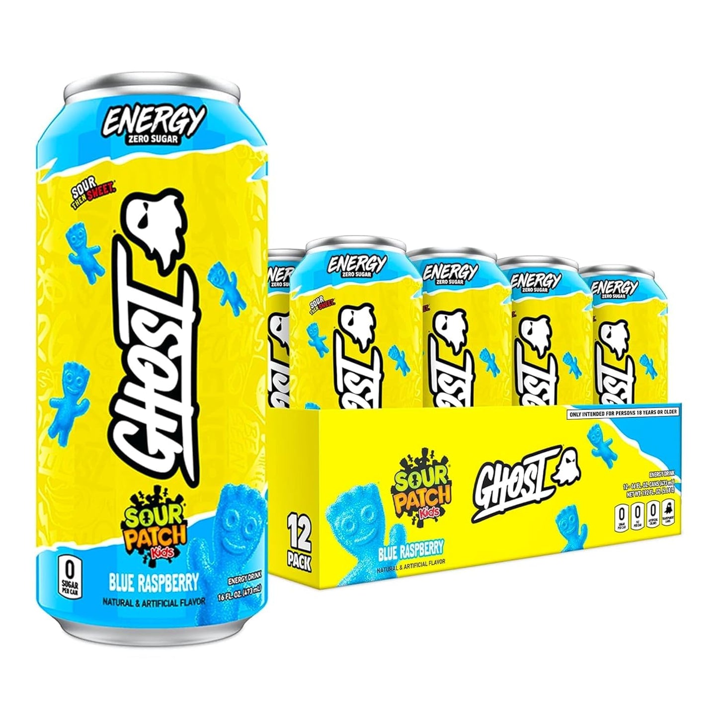 GHOST Energy Drink - 12-Pack, Sour Patch Kids Blue Raspberry, 16oz - Energy & Focus & No Artificial Colors - 200mg Natural Caffeine, L-Carnitine & Taurine - Gluten-Free & Vegan