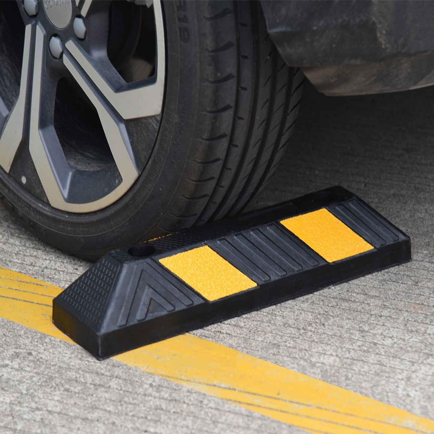 Heavy-Duty Rubber Parking Curbs, Parking Garage Floor Stoppers with Reflective Stickers, Mounting Screws Included, Wheel Stoppers for Car, Truck, Pickup, Motorcycle (21" - 4Pack)