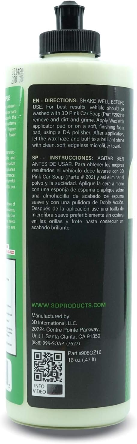 3D Carnauba Wax – Liquid Brazilian #1 Grade Wax for Deep Gloss & UV Protection | Easy Application | Safe on All Paint | Non-Staining Formula | Made in USA | 16 oz