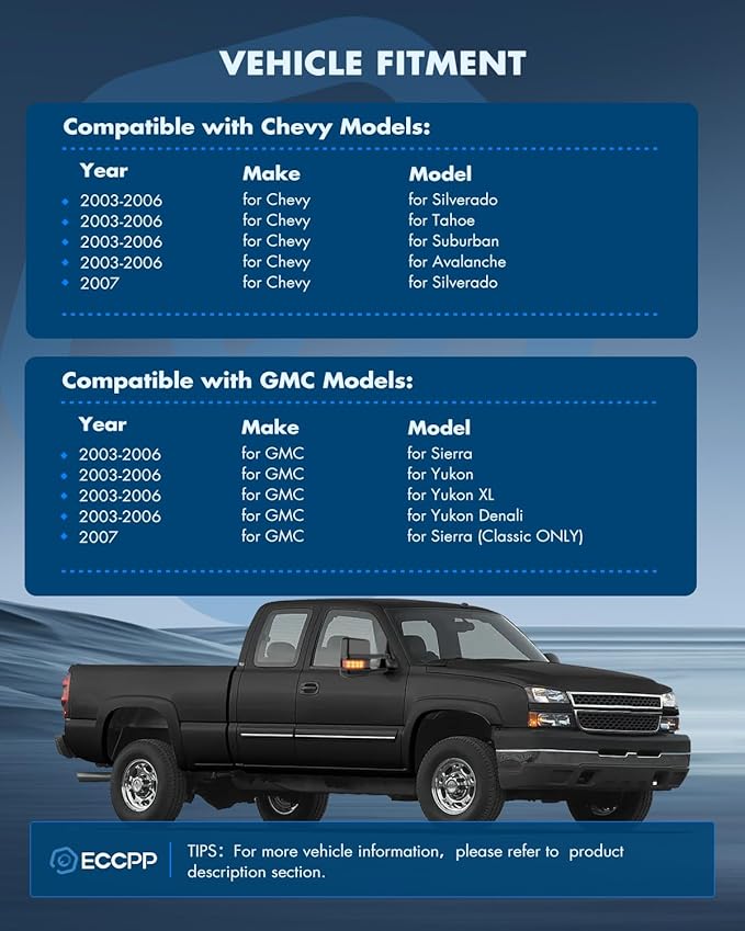 ECCPP Towing Mirrors Pair Side Replacement Fit For 2003-2007 For Chevy For Silverado For GMC For Sierra Power Heated Signal Light Width Light Chrome Cap Left And Right Side Tow Mirrors