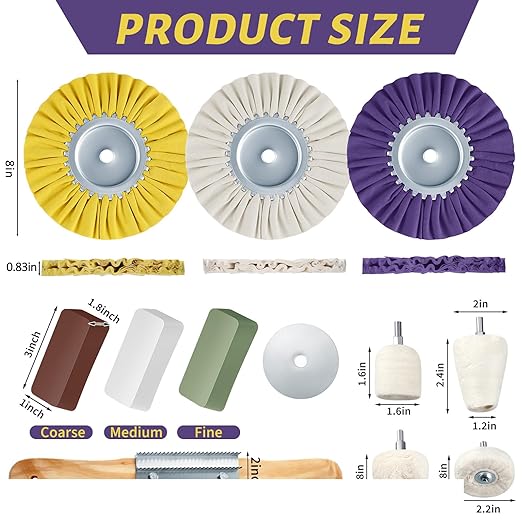 Liliful 12 Pcs 8" Airway Polishing Wheel Kit in Diameter 5/8", Metal Aluminum Buffing Wheel and Polishing Compound and Buffing Drill and Rake Pad for Angle Grinder Mirror Metal Finish(Dark Color)