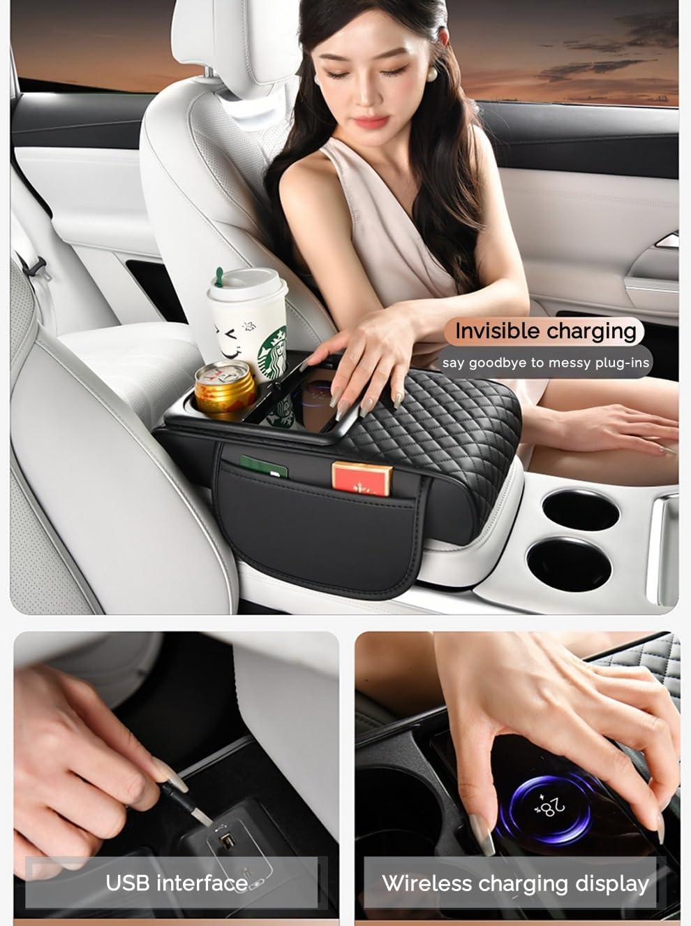 Upgrade Arm Rest Cover for Car, 5-in-1 Middle Console Cover Cushion Pad with Cup Holders & Side Pockets, Center Armrest Storage Box, Black