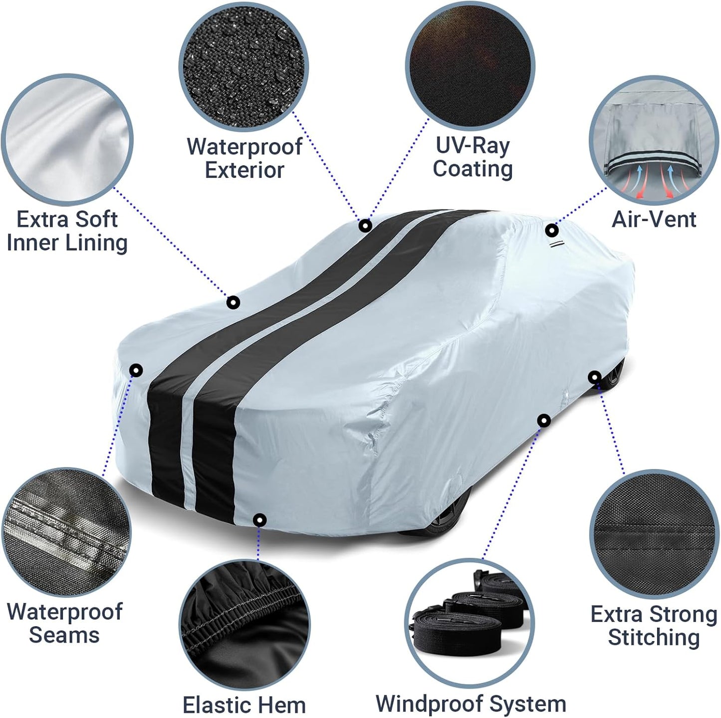 iCarCover Custom Car Cover for Buick Centurion (1971-1973) Waterproof All-Weather Rain Snow UV Sun Protector Full Exterior Indoor Outdoor Car Cover (Stripe - Gray/Black)