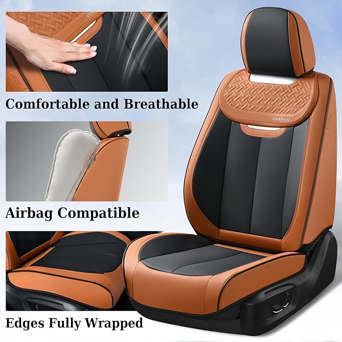 Coverado Seat Covers, Front Car Seat Cover, 2 Pack Breathable Nappa Leather Seat Cover, Waterproof Car Seat Protector, Car Seat Cushion, Universal Auto Seat Covers Fit for Most Cars (Brown&Black)