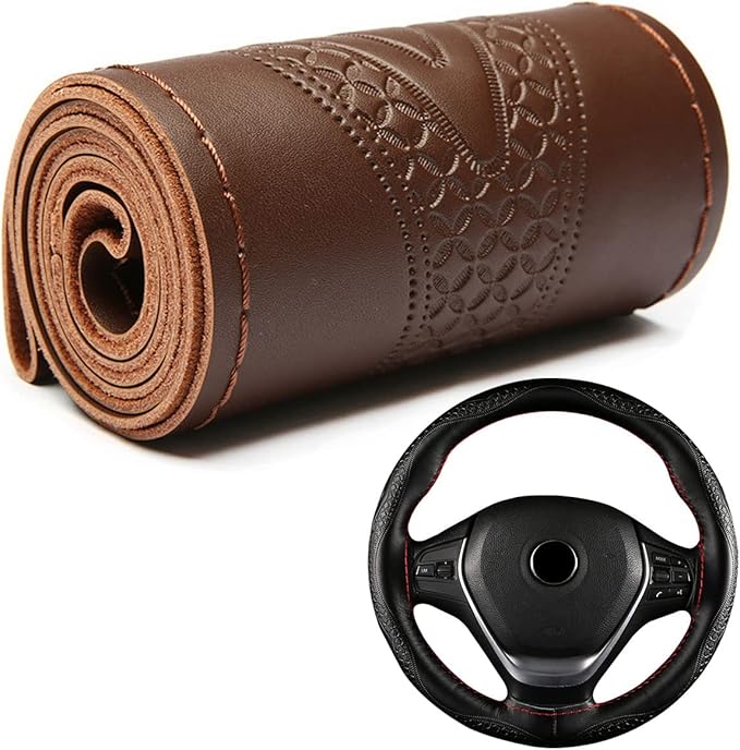 DEEYOTA Car Steering Wheel Cover Universal Fit Round Stitch Steering Wheel Wrap Thin PU Leather Steering Wheel Cover Sewn on 15" Car Wheel (Coffee)