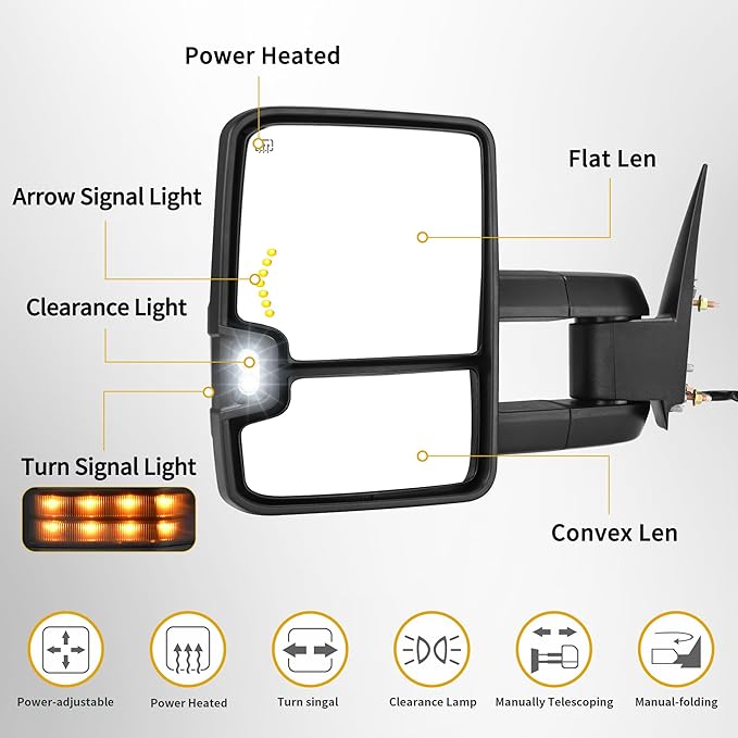 DWVO Towing Mirrors Compatible with Sierra Silverado 1500 2500, 1999-2002 GMC Yukon XL, Adjusted Glass Heated Power Turn Signal Light Backup Lamp Telescoping Chrome