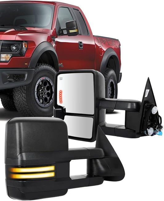 ECCPP Tow Mirrors Towing Mirrors Compatible With 2003-07 For Chevy For GMC Pickup With Left Right Side Power Adjusted Heated Arrow Light Width Light With Black Housing