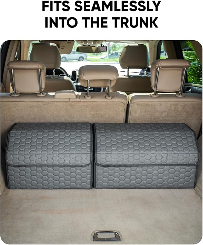 Owleys Foldable Trunk Organizer For Car - Trunk Organizers Car Storage - Collapsible Auto Trunk Organizer With Lid - Small And Large Cargo Organizer - Trunk Organization (Gray 17)