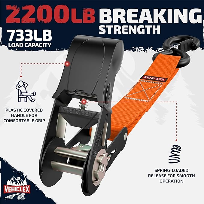 Ratchet Tie-Down Straps Set - (1" x 15', 2200lbs Breaking Strength) - Vehiclex Soft Loops, Coated S-Hooks, Storage Bag for ATV, Motorcycle, Bicycle, Kayak, Cargo Securing, Orange