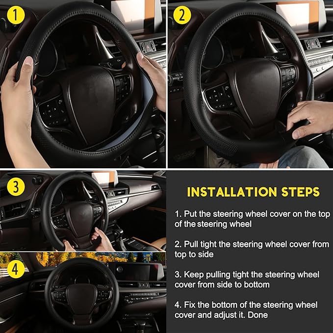 Genuine Leather Steering Wheel Cover for Men Women with Upgraded Silicone Inner Ring, Non-Slip, Breathable, Odorless, Universal 14.5-15 Inch (Pure Black, Microfiber Nappa Leather)