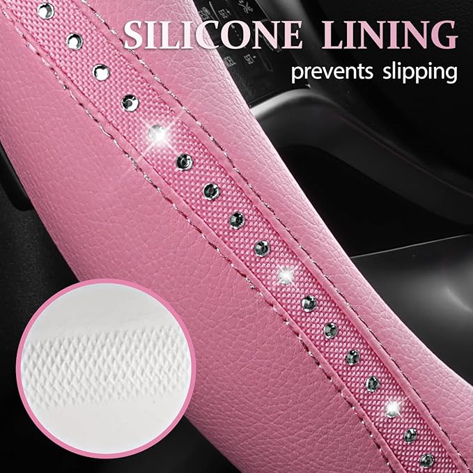 CAR PASS Bling Diamond Pink Leather Steering Wheel Cover, Studded Shining Rhinestones Universal Fit 14" 1/2-15" Glitter Sparkly Crystal Fit for Women Girl SUV,Vans,Sedans,Car,Trucks, Pink Diamond