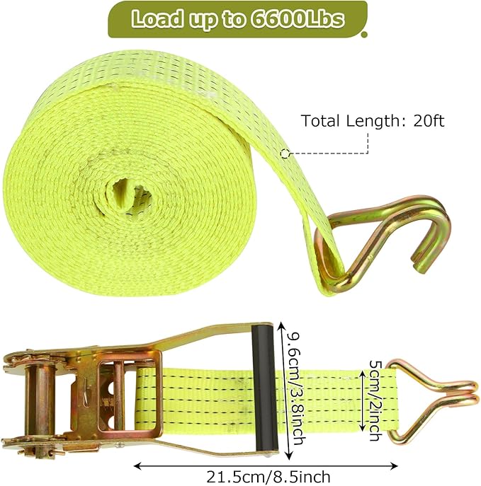 4 Pack 2 Inch Ratchet Straps Heavy Duty 20ft Tie Down Straps Ratchet with Double J Hook, 8000 LBS Break Strength, Cargo Ratchet Straps for Moving, Truck, Trailers, Motorcycles, Kayaks, Car Roof