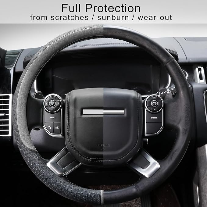 COFIT Breathable Car Steering Wheel Cover 16 inch Auto Universal Leather Wrap Non-Slip Steeringwheel Protector Automotive Interior Accessories, Grey (Suit for 15.5-16 inch)