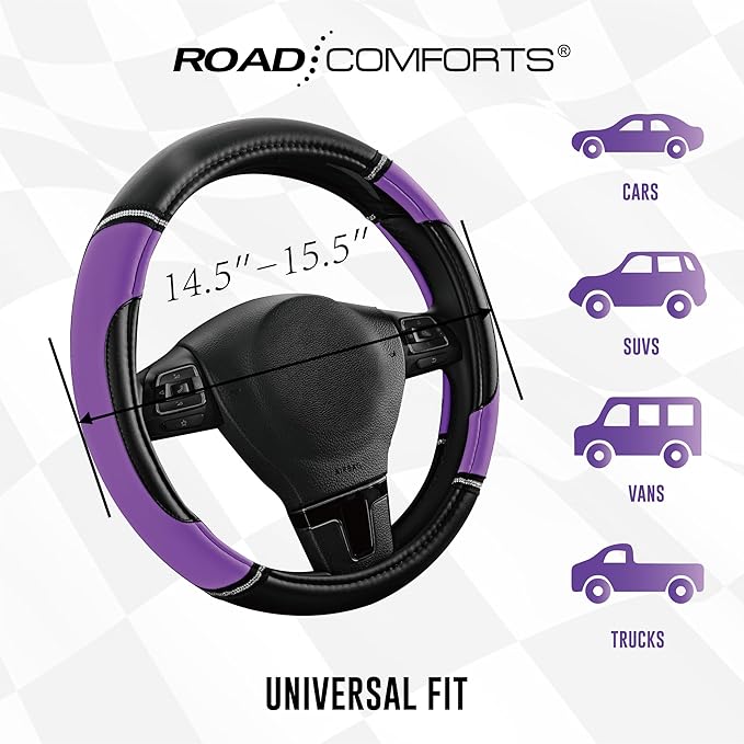 Road Comforts Leather Steering Wheel Cover - Made with PVC Leather - Anti-Slip, Universal Fit 14 1/2 inches to 15 inches - Purple