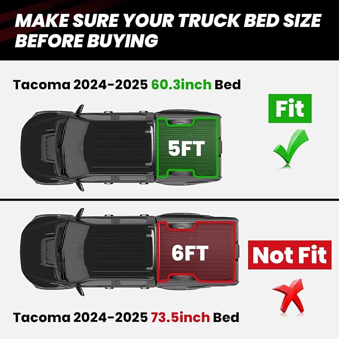 LASFIT Bed Mat for Toyota 2024-2026 Tacoma (5FT/5'Bed) Truck Bed, All Weather 5 ft Rubber Car Bed Liner for Toyota Tacoma 2024 2025 2026 Accessories, TPE Trunk Mat&Bed Liner (Not Fit Drop-in Liners)