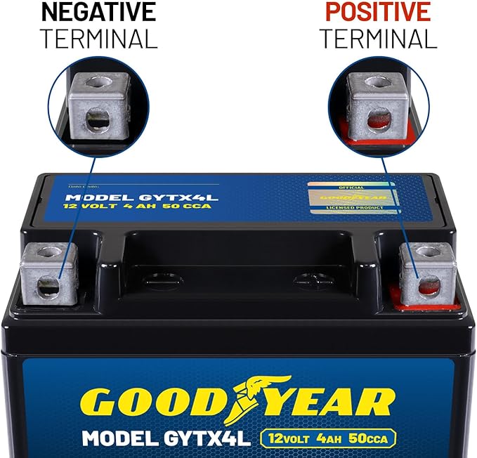 Goodyear GYTX4L - 12 Volt 4 AH, 50 CCA, Rechargeable High-Performance, Maintenance Free, SLA - AGM Battery for Motorcycle, ATV, UTV, 4-Wheeler, Snowmobile, Watercraft and more!