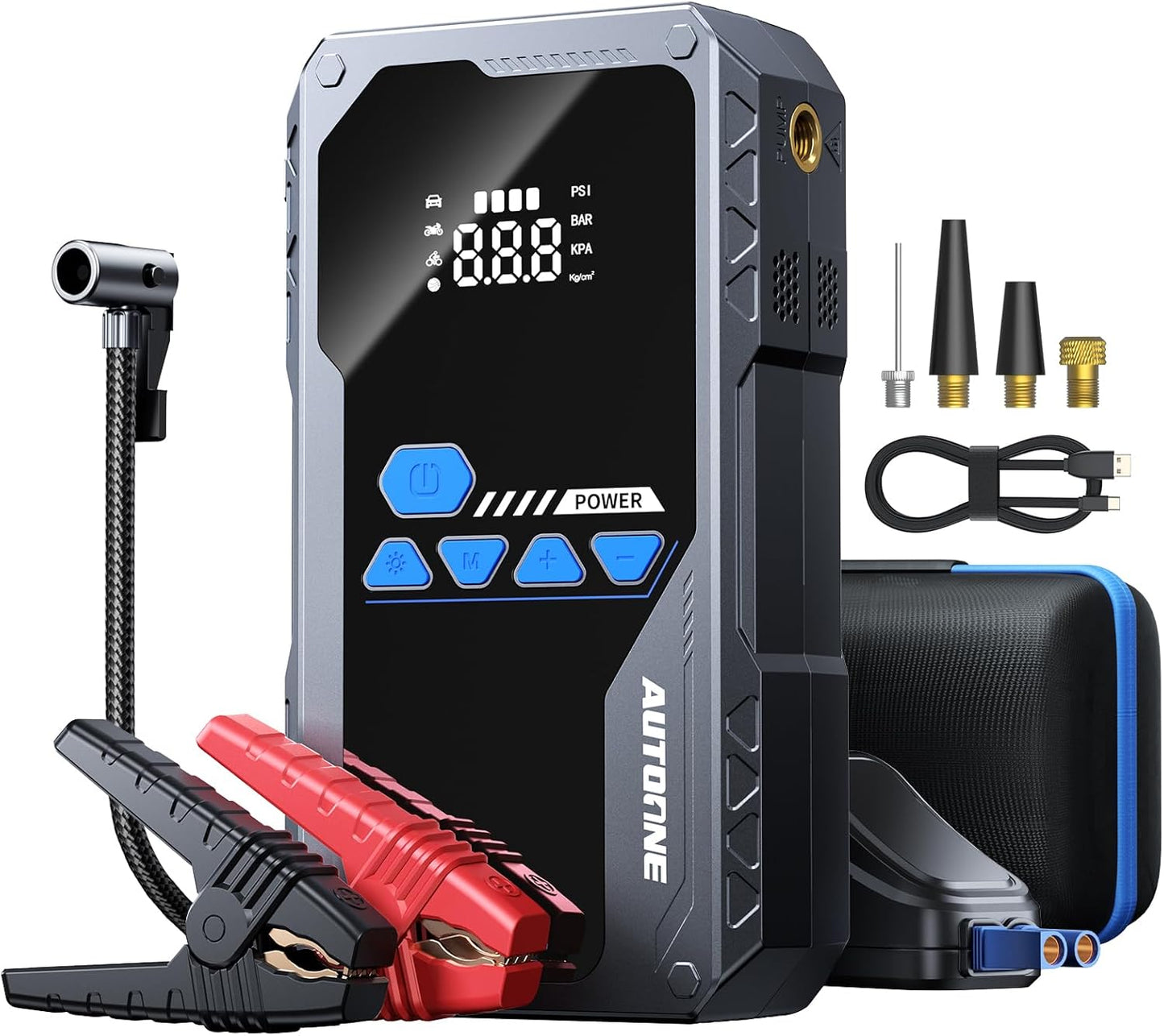 AUTOONE 5000A Jump Starter with Air Compressor (All Gas/10L Diesel), 150PSI Car Battery Jumper Starter Portable, Jump Box Tire Inflator with LED Flashlight, LCD Display, Storage Case