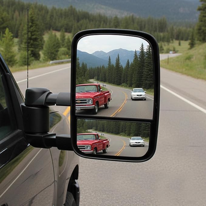 DWVO Power Heated Telescoping Towing Mirrors for 1999–2002 Chevy Silverado, GMC Sierra 1500/2500/3500, Suburban, and Yukon XL, Dual Glass, Extendable, Folding Mirror Pair Set, Black