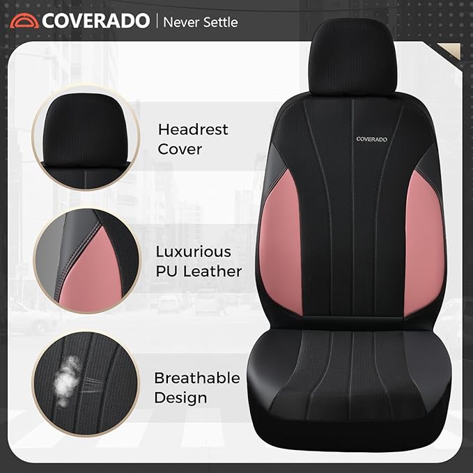 Coverado Automotive Seat Covers Front Seats, Luxury Car Seat Covers, Leather Seat Covers 2-Pack, Mesh Design, Pink Driver Seat Protectors, Universal Fit for SUVs, Trucks, Sedans