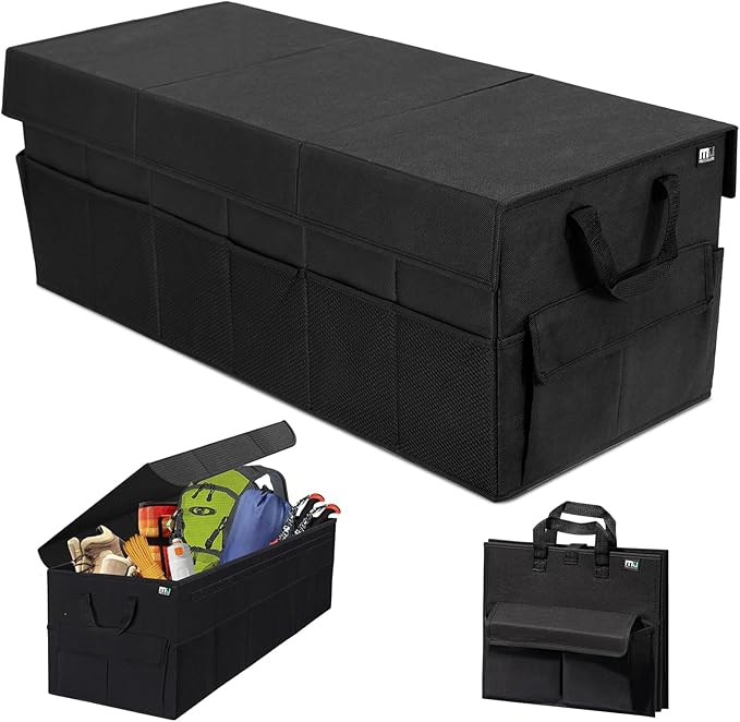 MIU COLOR Trunk Organizer with Lid, 72L Large Capacity Car Organizer, 12 Pockets with Non-Slip Bottom, Collapsible 3 Compartments Car Storage Organizer for Suv/Jeep/Sedan/Van/Grocery, Black