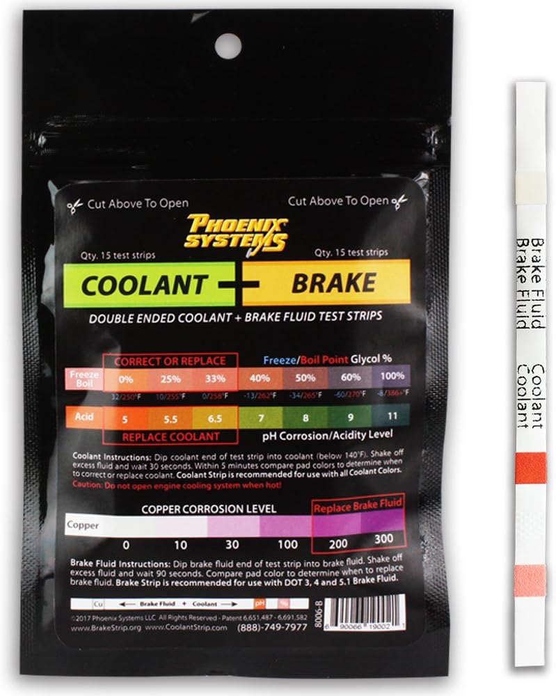 Phoenix Systems 8006-B Double-Ended Brake Fluid + Coolant Test Strips (15 foil wrapped test strips), 1 Pack