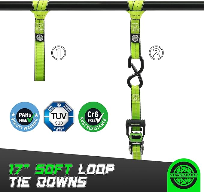 Motorcycle Tie Down Strap (4PK 1.5INX8FT) - 5,250lb Break Strength, Premium Ratchet Tie Down Straps Set, Soft Loop Ratchet Straps for Moving Appliances, Lawn Equipment, Cargo Straps for Trucks