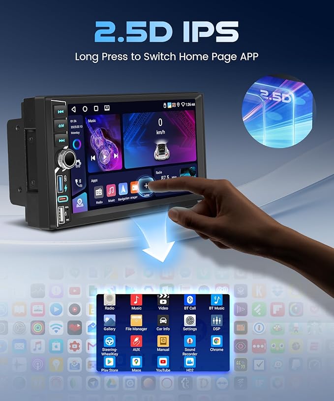 2 DIN Car Stereo Wireless CarPlay Android Auto, 7-INCH IPS Touch Screen Head Unit Android System [4+64GB] Double Din Car Radio BT5.0, WiFi, EQ, USB-C Backup Camera