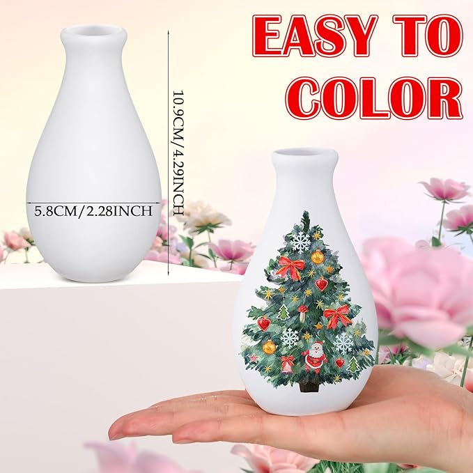 Singhoow 4 Set Paint Your Own Porcelain Paint Vase Art Project White Ceramic Painting Kit for Adults Porcelain Vase Decorating Kit with Christmas Holiday Supplies DIY(Stylish)