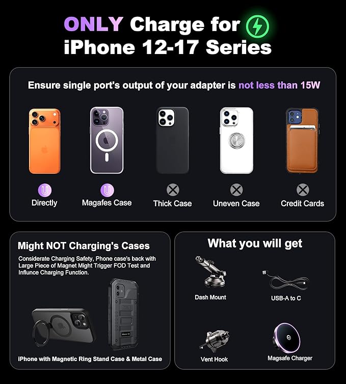 for MagSafe Car Mount Charger Dash Vent Windshield Wireless Car Charger with LED Light, Magnetic Phone Holder for Car for iPhone 17 16 15 14 13 12 Series, Fit MagSafe Accessories (Purple)