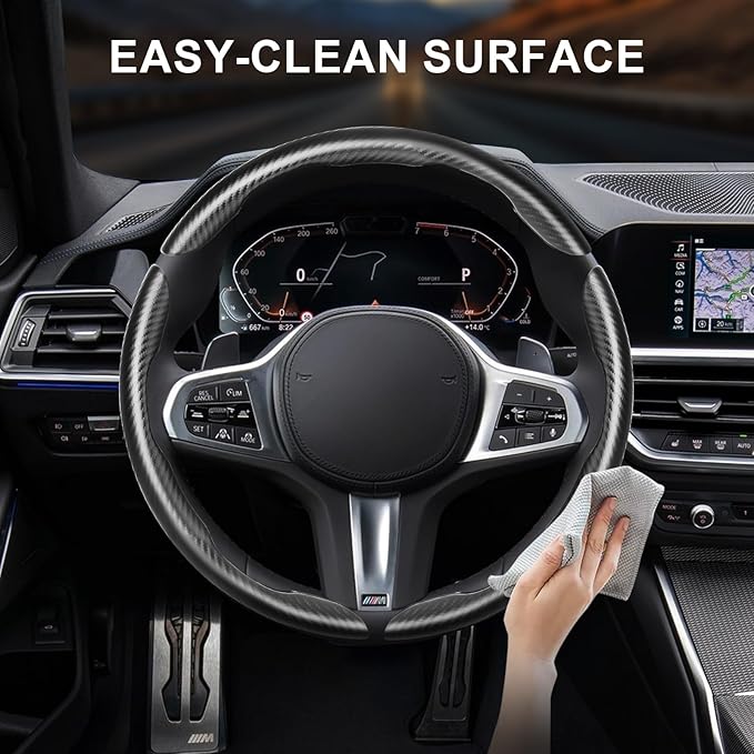 Carbon Fiber Steering Wheel Cover, Universal Fit for 14-16 Inch Wheel, Non-Slip Leather Wrap with Easy Snap-On Installation, Sweatproof & Heat-Resistant for Car Truck SUV, Black