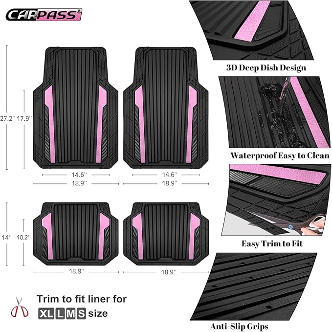 CAR PASS Heavy Duty Rubber Car Mats Metallic, Aluminum Film Cute All Weather Floor Mats Waterproof Universal Trim to Fit for SUV Sedan Van 4 Piece Deep Dish Two-Tone Sporty Black Light Pink Chrome