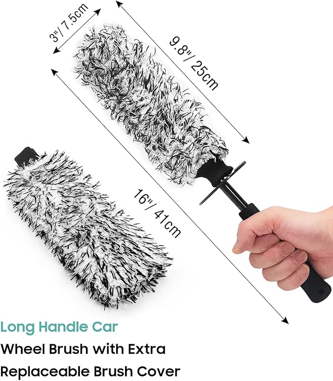 YeewayVeh 2PCS Car Wheel Cleaning Brush, Microfiber Flat Wheel Rim Cleaner Brush with Extra Removable Cover, Car Cleaning Brush for Wheels Tire Fenders Engine Exhaust Tips, Black&White