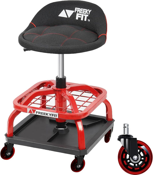 Rolling Stool with Red Wheels, Heavy Duty Garage Work Mechanic Rolling Shop Stool with Backrest, Adjustable Height 360°Swivel Roller Mechanic Chair with 2 Tool Trays, 330 LBS Capacity