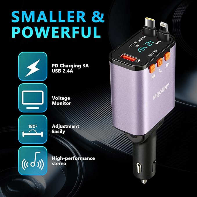 Retractable Car Charger,5 in 1 Fast Cars Phone Charger 60w,Bluetooth 5.3 FM Transmitter Adapter,Handsfree Call,MP3 Player,2 Retractable Cables and USB Chargers, for Phone,Galaxy,Pixel (Purple)