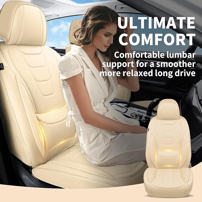Car Seat Covers for Front Seats – Waterproof & Breathable Faux Nappa Leather, 360° Full Wrap Design, Airbag Compatible, Lumbar Support, Perfect for Drivers Who Sweat-Breathable Design. – Beige
