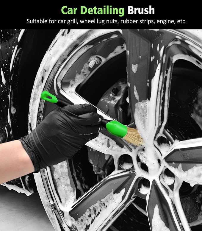 YeewayVeh Car Wheel Brush Kit, 3 Pack Scratch-Free Wheel Cleaner Brush and Detailing Brush, Wheel Car Cleaning Wash Brushes for Vehicle Motorcycle Rim Fenders Engine Exhaust Tips, Green&Black