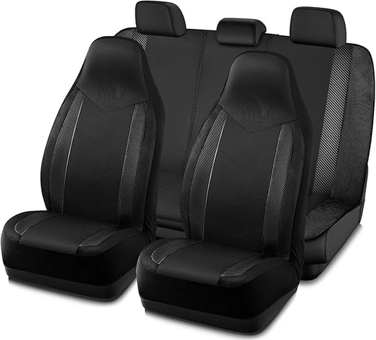 PIC AUTO Car Seat Covers, High-Back Full Set Automotive Seat Covers, Front and Rear Bench - Sports Carbon Fiber Mesh Design, Universal Fit for Most Cars, SUVs, Trucks, Airbag Compatible (Black)