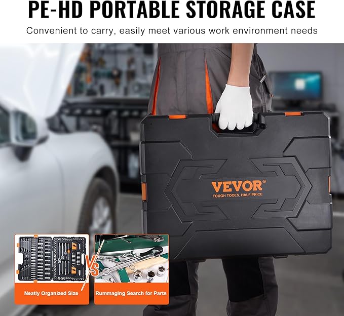 VEVOR Mechanics Tool Set, 1/4" & 3/8"& 1/2" Drive Deep and Standard Sockets, SAE/Metric 205 Pcs Mechanic Tool Kit with Bits, Combination Wrench, Hex Wrenches, Accessories, Storage Case