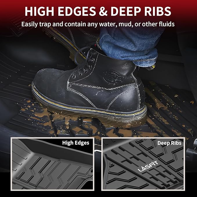 LASFIT Floor Mats 2013-2018 for Dodge Ram 1500/2500/3500 Crew Cab, 2019-2024 for Dodge Ram 1500 Classic Crew Cab 4 Full Size Doors All Weather TPE Custom Fit Car Mats Floor Liners 1st & 2nd Row, Black