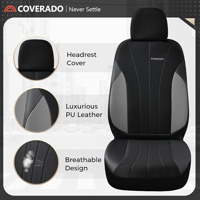 Coverado Automotive Seat Cover Full Set, Front and Rear Seat Covers, Waterproof Leather Seat Covers 5 Seats, Luxury Car Seat Protectors Universal Fit for Most Vehicles, SUV, Truck, Sedan