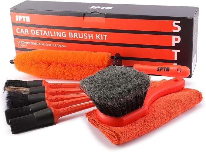 SPTA 8Pcs Wheel & Tire Brush Car Detailing kit, Easy Reach Wheel and Rim Brush, 5pcs Detailing Brushes, Short Handle Cleaning Brush, 1pc Microfiber Cleaning Cloth, Great to Clean Dirty Tires