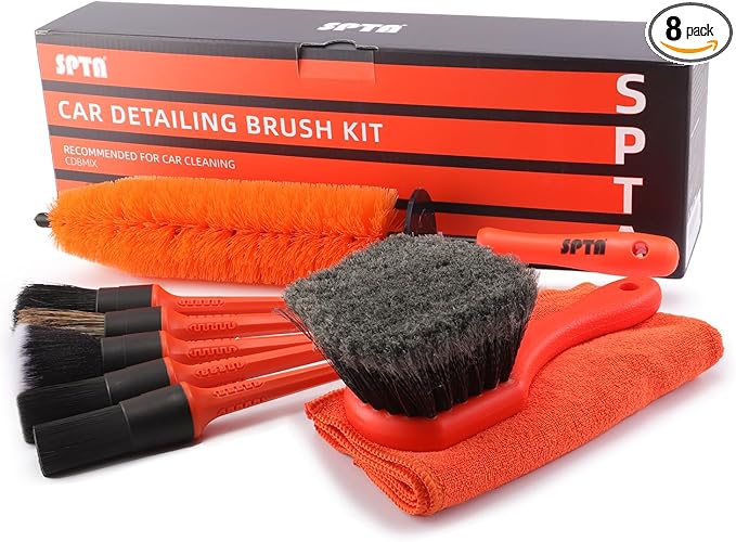 SPTA 8Pcs Wheel & Tire Brush Car Detailing kit, Easy Reach Wheel and Rim Brush, 5pcs Detailing Brushes, Short Handle Cleaning Brush, 1pc Microfiber Cleaning Cloth, Great to Clean Dirty Tires