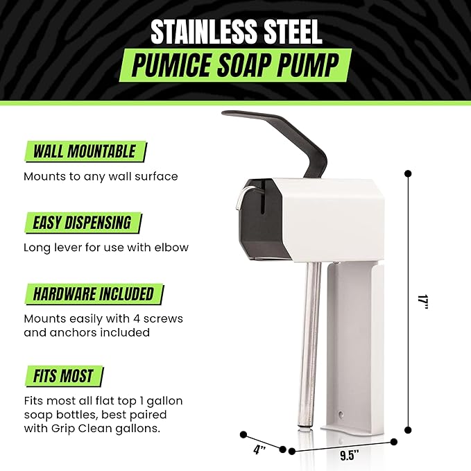 Grip Clean 4 Pk Combo – Hand Cleaner for Mechanics with Wall-Mounted Soap Dispenser + 2 Gallons Heavy-Duty Liquid Pumice Hand Soap, Natural Clay & Coconut Oil for Auto Mechanics, Industrial, & Garage