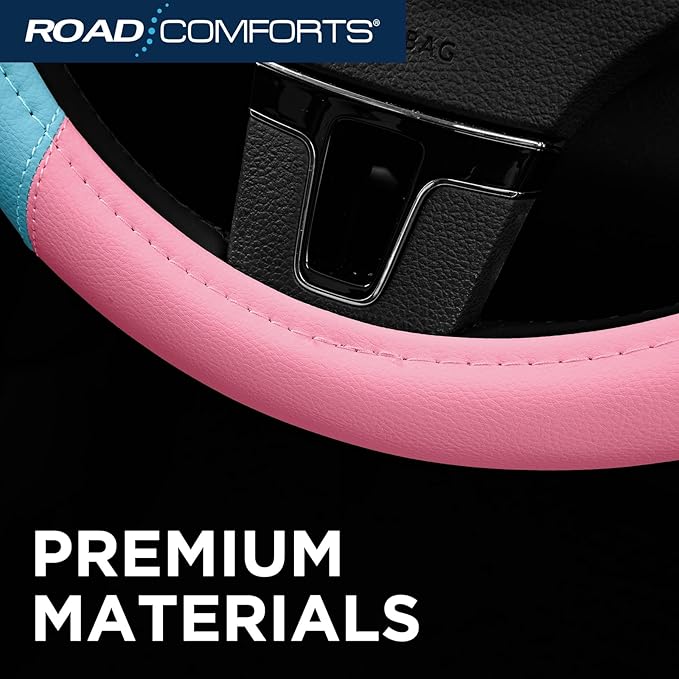 Road Comforts Car Steering Wheel Cover - Microfiber Leather Steering Wheel Wrap Sports 14.5-15 Inch Steering Wheel Cover Non-Slip for Men Women Pink & Blue Color