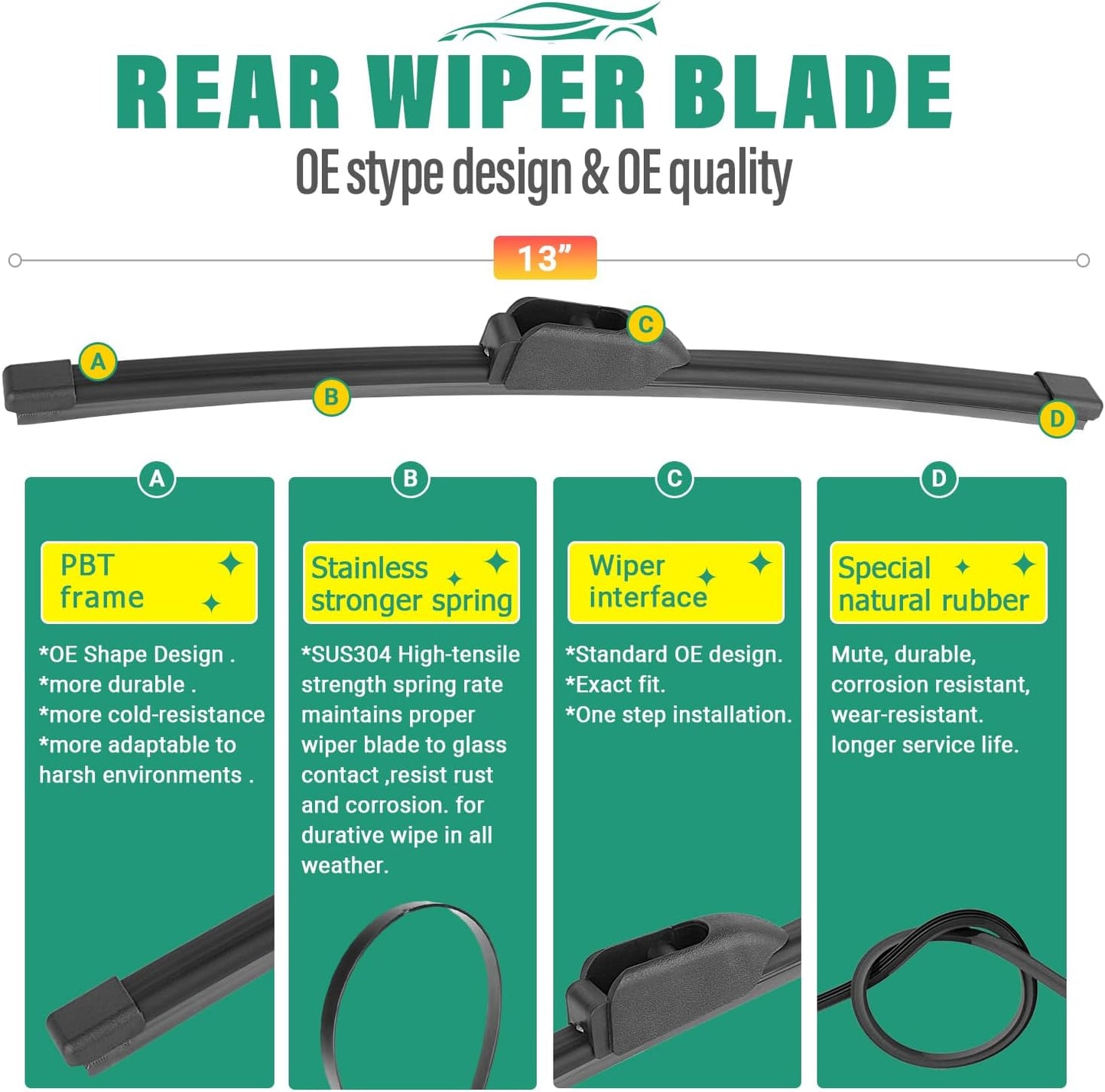 28" 14" 13" Windshield Wiper Blades Replacement for Hyundai Elantra 2012 2013 2014 2015 2016 Elantra GT 2017 Premium All Weather Front Rear Wipers Set - OEM Quality (Pack of 3)