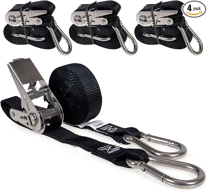 US Cargo Control Stainless Steel Ratchet Straps with Carabiner Hooks 1" X 10' (4-Pack), 500 LBS Break Strength, Marine Tie Down Straps for Boats, ATVs, Trees, Camping, Snow & Saltwater Applications
