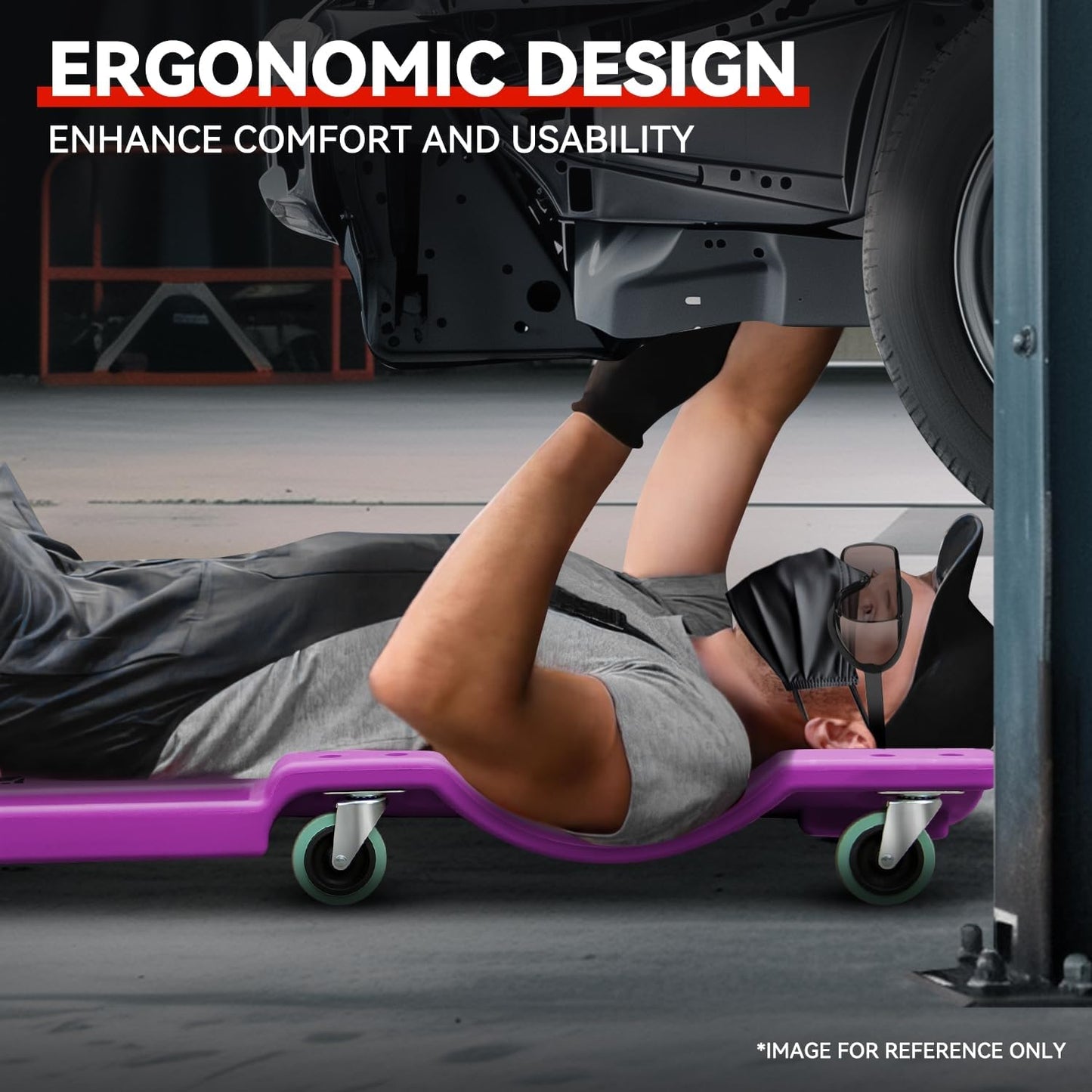 Auto Dynasty 40 Inches Mechanic Creeper, Automotive Garage Repair Low Profile Under Car Rolling Creeper with Padded Headrest, Plastic, Purple